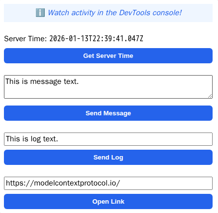 Get Time MCP App showing a server timestamp and interaction controls.